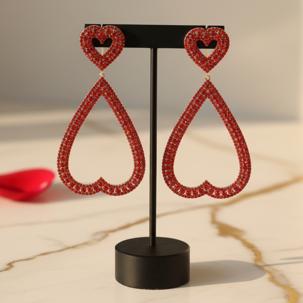 Red Rhinestone Studded Open Heart Drop Dangle Statement Earrings - Picture 2 of 6